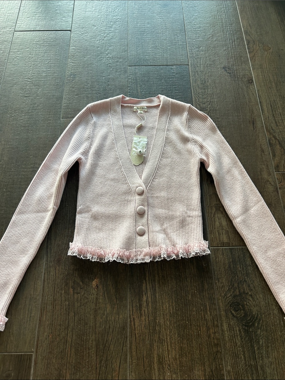 For Love & Lemons Soft Pink Lace-Trim V-Neck Cardigan NWT